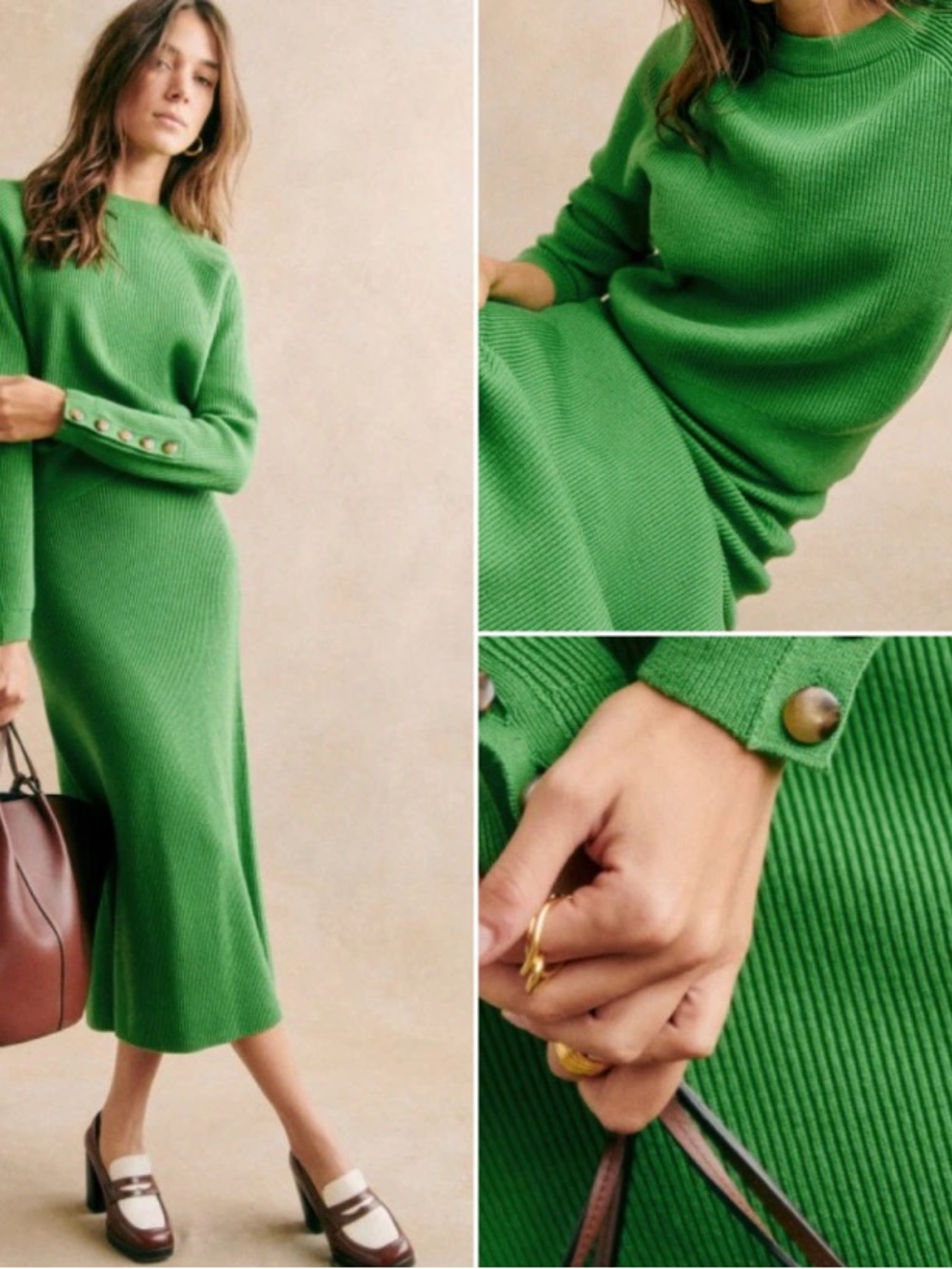 SEZANE Kelly Green Ribbed Knit Midi Naelle Skirt